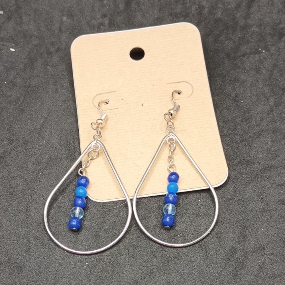 Handmade Silver and Blue Beaded Teardrop Earrings